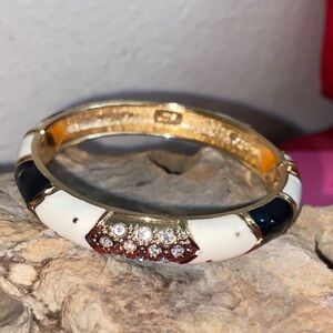 Vintage 90s JTF Gold Tone Black & White Rhinestoned Hinged Clamper Bracelet